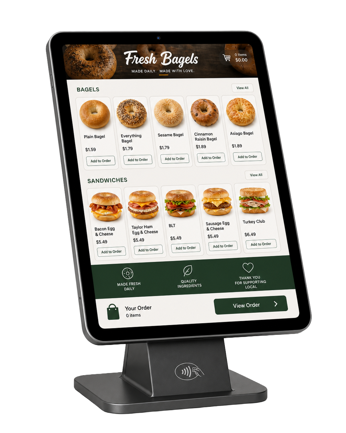 Bagel Tap in-store kiosk ordering screen on a tablet stand.