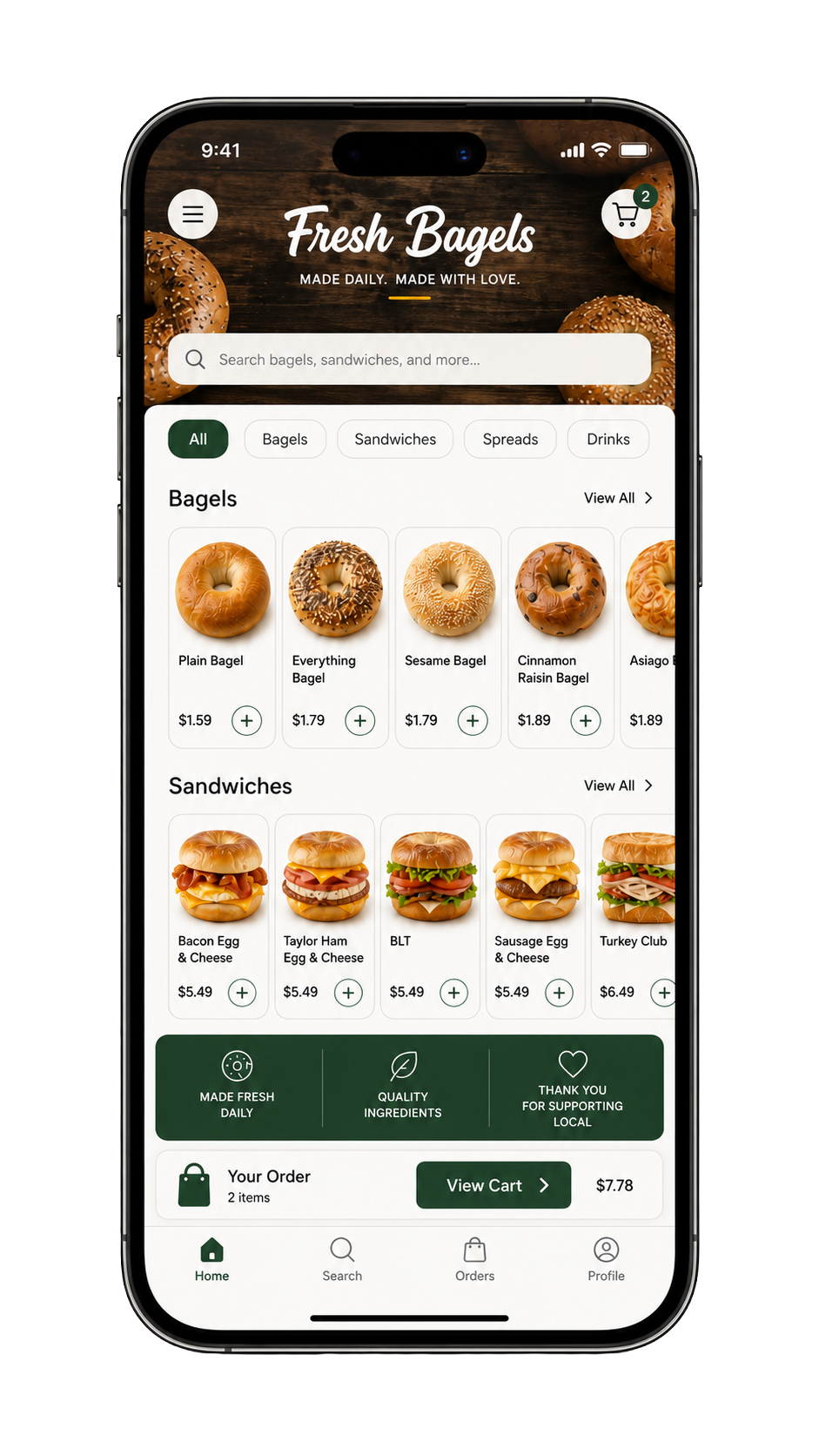 Fresh Bagels mobile ordering app shown on a phone screen.