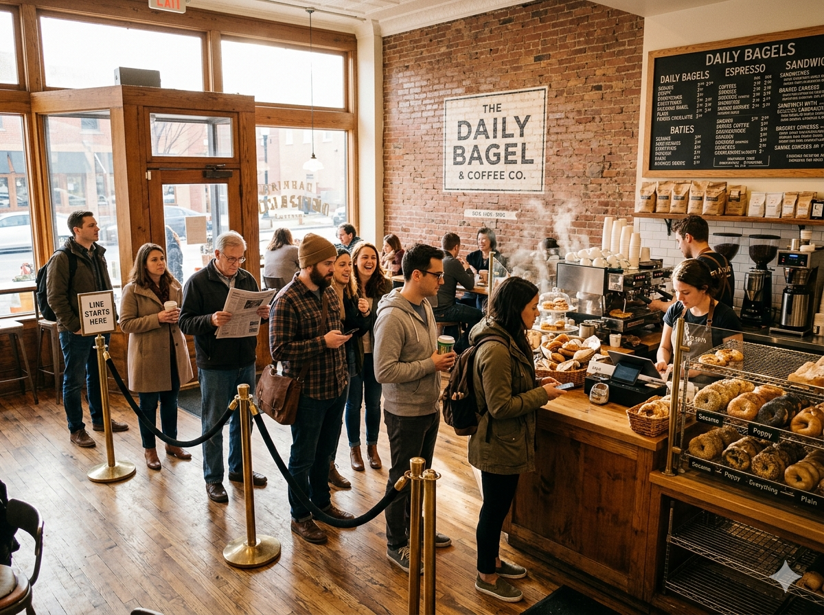 Customers waiting in a long line at a bagel shop.